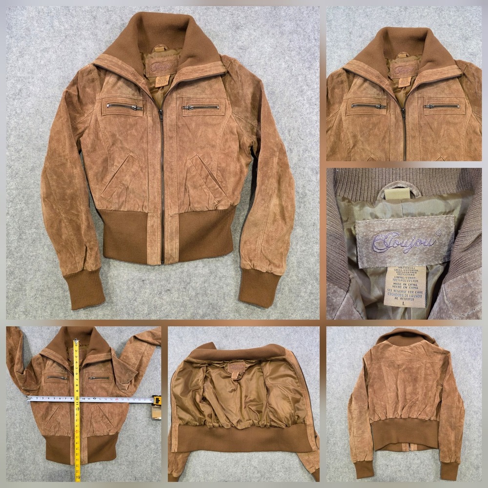 Joujou Jacket Womens Large Brown Suede Leather Bomber Ribbed Collar‎ Zip Pockets